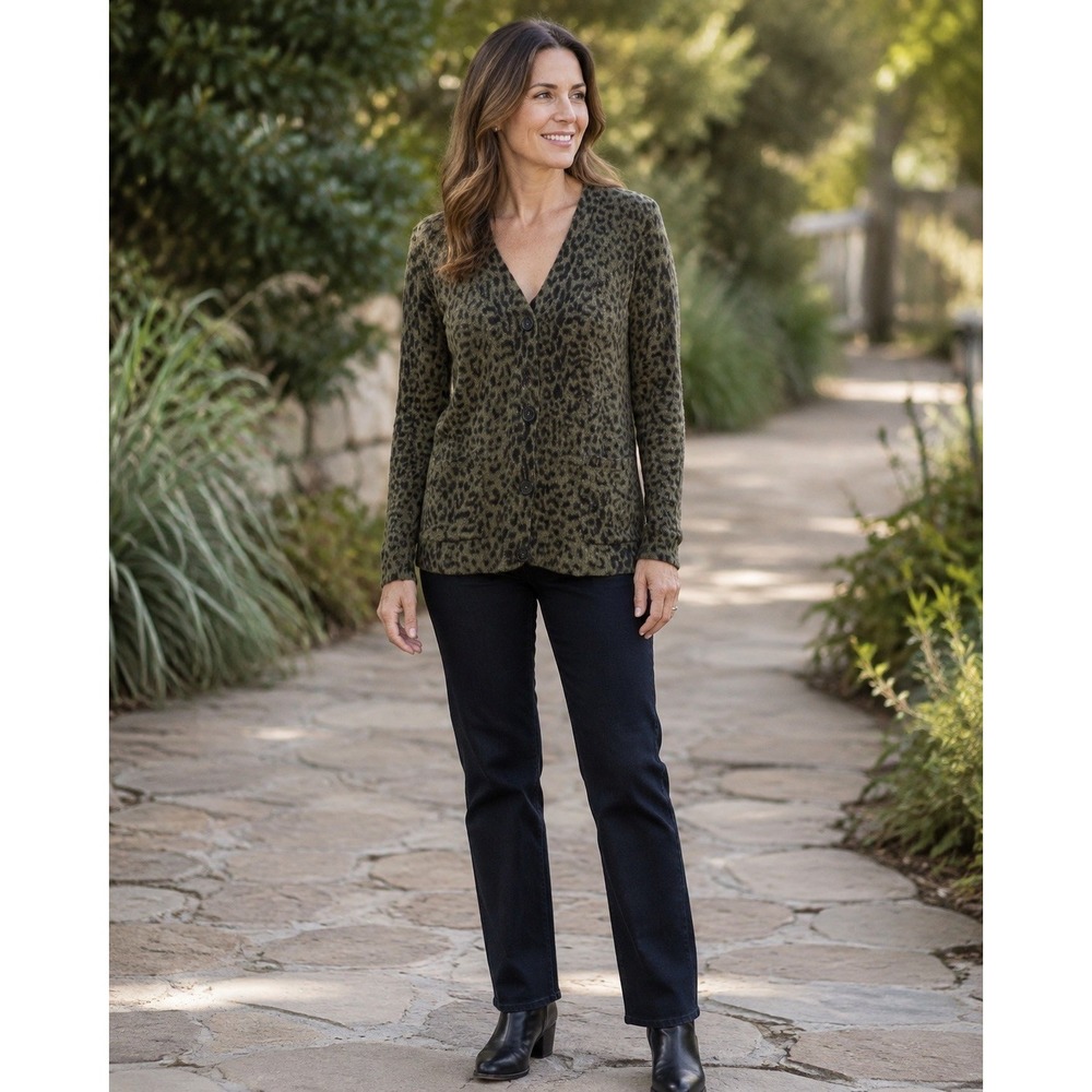 J. Jill Leopard Print Cardigan Sweater (M)Olive Cotton Blend Button Front-Office